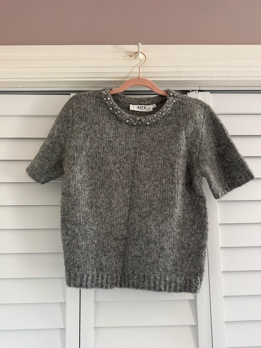 NWT ASTR Grey Beaded Crewneck Short-Sleeve Sweater Wool Alpaca Blend
